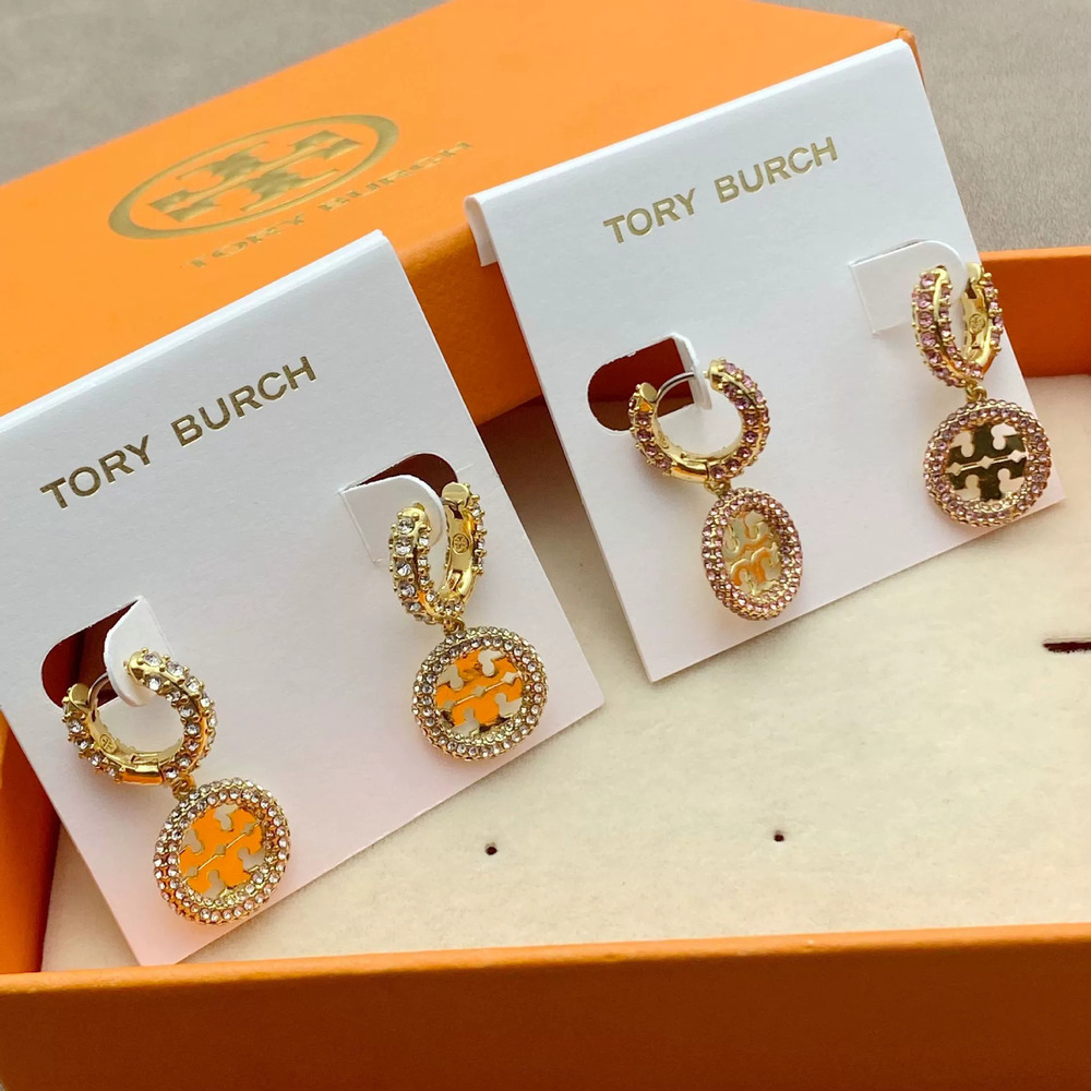 Tory Burch Full Diamond Circle Hollow Letter Metal Earrings